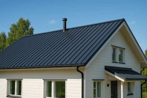 Profiililevyt kattoon asennettu omakotitalon harjakatossa, näkyy profiilin kuviointi ja pinnoitteen kiilto